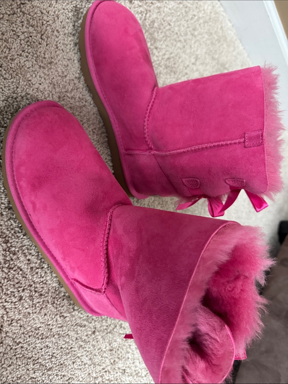 UGG Hot Pink Suede Shearling Boots with Back Bow